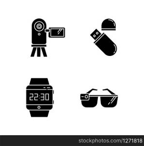 Mobile devices black glyph icons set on white space. Pocket electronic gadgets. Smart technology. Flash drive, video camera. Smartwatch, smartglasses. Silhouette symbols. Vector isolated illustration