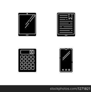 Mobile devices black glyph icons set on white space. Pocket electronic gadgets. Smart technology. Tablet, e-reader, e-book. Smartphone, calculator. Silhouette symbols. Vector isolated illustration