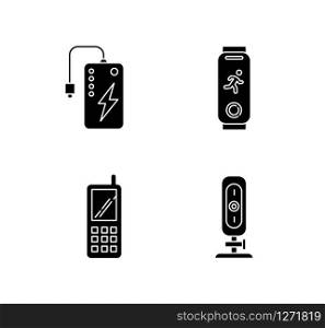 Mobile devices black glyph icons set on white space. Pocket electronic gadgets. Smart technology. Powerbank. Fitness tracker. Cell phone, web camera. Silhouette symbols. Vector isolated illustration