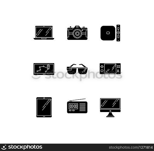 Mobile devices black glyph icons set on white space. Pocket electronic gadgets. Tablet, laptop, computer. Navigator, smartglasses, radio set. Silhouette symbols. Vector isolated illustration