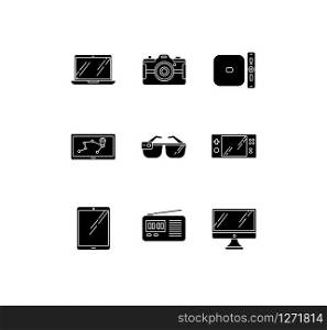 Mobile devices black glyph icons set on white space. Pocket electronic gadgets. Tablet, laptop, computer. Navigator, smartglasses, radio set. Silhouette symbols. Vector isolated illustration