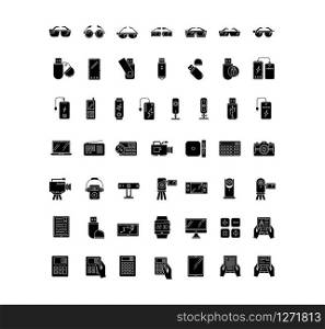 Mobile devices black glyph icons set on white space. Smartphone, laptop, computer. E-reader, camera, powerbank. Compact digital tools. Silhouette symbols. Vector isolated illustration
