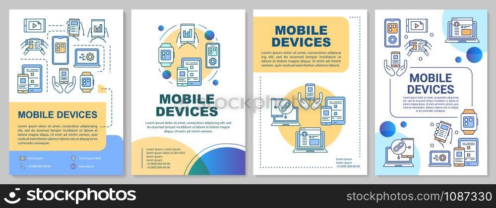 Mobile devices brochure template. Wireless technology. Flyer, booklet, leaflet print, cover design, linear illustrations. Vector page layouts for magazines, annual reports, advertising posters