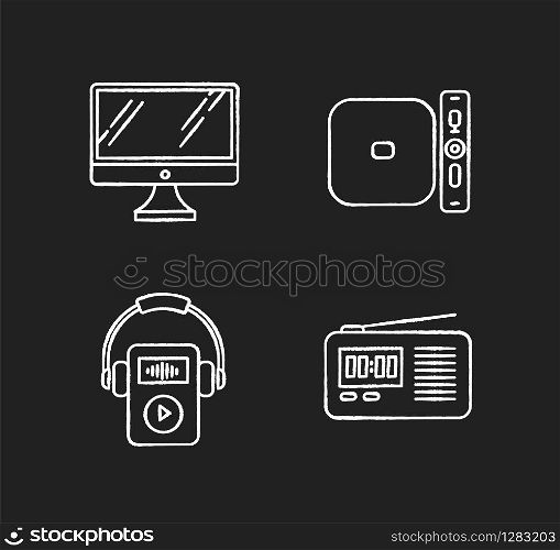 Mobile devices chalk white icons set on black background. Electronic gadgets. Desktop computer, MP3 player. Radio set, media player. Compact digital tools. Isolated vector chalkboard illustrations