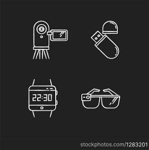 Mobile devices chalk white icons set on black background. Electronic gadgets. Flash drive, video camera. Smartwatch, smartglasses. Compact digital tools. Isolated vector chalkboard illustrations