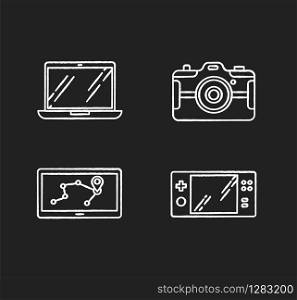 Mobile devices chalk white icons set on black background. Electronic gadgets. Navigation assistant, game console. Laptop, photo camera. Compact digital tools. Isolated vector chalkboard illustrations