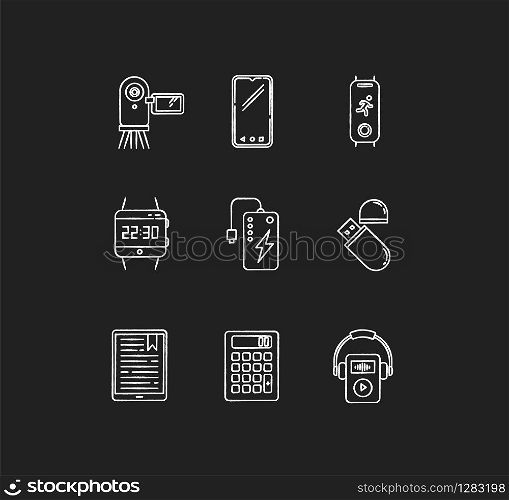 Mobile devices chalk white icons set on black background. Electronic gadgets. Powerbank, smartphone, camera. Flash drive, calculator. Compact digital tools. Isolated vector chalkboard illustrations