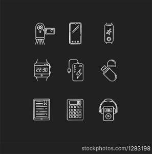 Mobile devices chalk white icons set on black background. Electronic gadgets. Powerbank, smartphone, camera. Flash drive, calculator. Compact digital tools. Isolated vector chalkboard illustrations