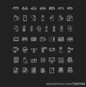 Mobile devices chalk white icons set on black background. Electronic gadgets. Smart technology. Smartphone, computer. E-reader, camera. Compact digital tools. Isolated vector chalkboard illustrations