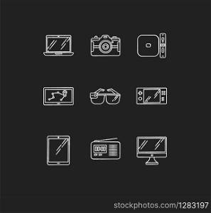 Mobile devices chalk white icons set on black background. Electronic gadgets. Technology. Tablet, laptop, computer. Navigator, radio set. Compact digital tool. Isolated vector chalkboard illustrations