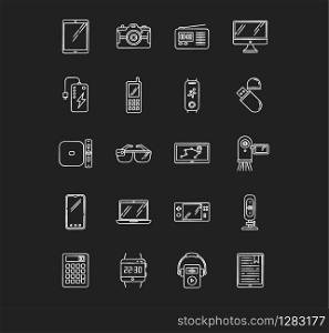 Mobile devices chalk white icons set on black background. Handheld small electronic gadgets. Smartphone, computer. E-readers. Cameras. Pocket digital tools. Isolated vector chalkboard illustrations