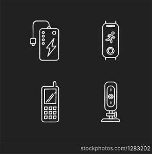Mobile devices chalk white icons set on black background. Pocket electronic gadgets. Powerbank. Fitness tracker. Cell phone, web camera. Compact digital tools. Isolated vector chalkboard illustrations