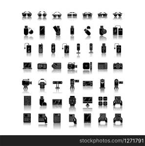 Mobile devices drop shadow black glyph icons set. Handheld electronic gadgets. Smart technology. Smartphone, laptop, computer. E-reader, camera, powerbank. Isolated vector illustrations on white space