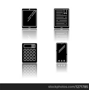 Mobile devices drop shadow black glyph icons set. Pocket electronic gadgets. Smart technology. Tablet, e-reader, e-book. Smartphone, calculator. Isolated vector illustrations on white space