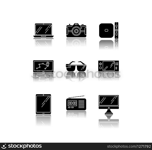 Mobile devices drop shadow black glyph icons set. Pocket electronic gadgets. Smart technology. Tablet, laptop, computer. Navigator, smartglasses, radio set. Isolated vector illustration on white space
