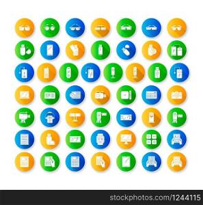 Mobile devices flat design long shadow glyph icons set. Handheld electronic gadgets. Smartphone, laptop, computer. E-reader, camera, powerbank. Compact digital tools. Silhouette RGB color illustration