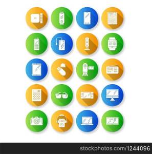 Mobile devices flat design long shadow glyph icons set. Handheld small electronic gadgets. Smartphone, laptop, computer. E-readers. Cameras. Pocket digital tools. Silhouette RGB color illustration