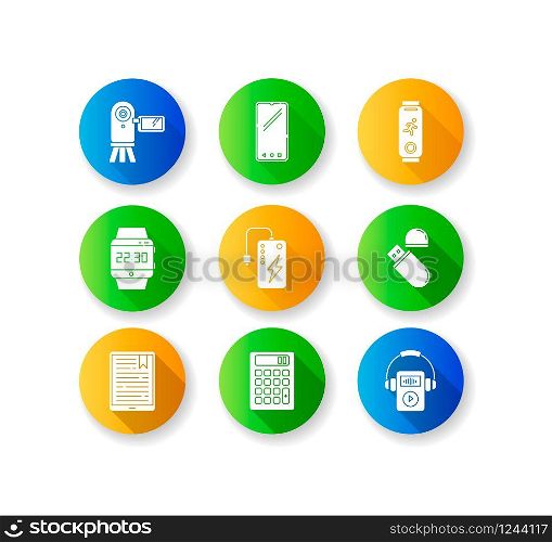 Mobile devices flat design long shadow glyph icons set. Pocket electronic gadgets. Powerbank, smartphone, video camera. Flash drive, calculator. Compact digital tool. Silhouette RGB color illustration