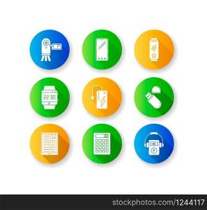 Mobile devices flat design long shadow glyph icons set. Pocket electronic gadgets. Powerbank, smartphone, video camera. Flash drive, calculator. Compact digital tool. Silhouette RGB color illustration