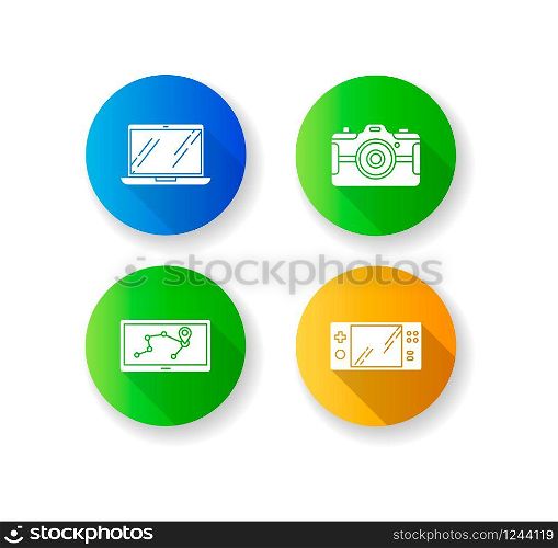 Mobile devices flat design long shadow glyph icons set. Pocket electronic gadgets. Navigation assistant, game console. Laptop, photo camera. Compact digital tools. Silhouette RGB color illustration