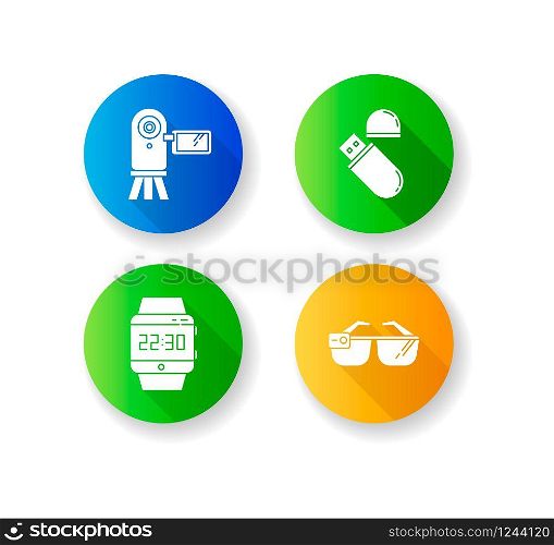 Mobile devices flat design long shadow glyph icons set. Pocket electronic gadgets. Flash drive, video camera. Smartwatch, smartglasses. Compact digital tools. Silhouette RGB color illustration