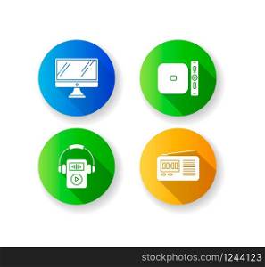Mobile devices flat design long shadow glyph icons set. Pocket electronic gadgets. Desktop computer, MP3 music player. Radio set, media player. Compact digital tools. Silhouette RGB color illustration