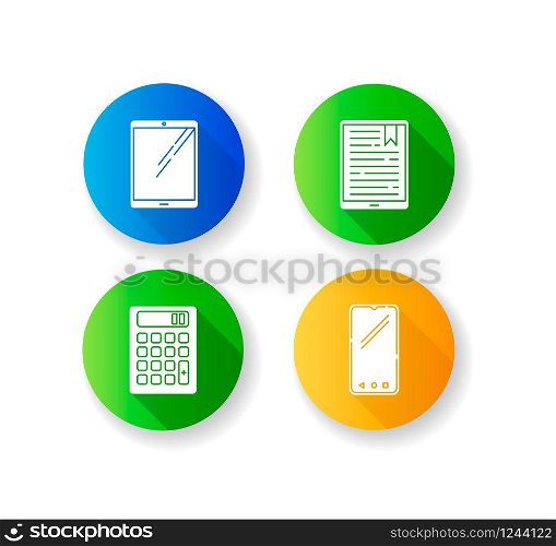 Mobile devices flat design long shadow glyph icons set. Pocket electronic gadgets. Smart technology. Tablet, e-reader, e-book. Smartphone, calculator. Digital tools. Silhouette RGB color illustration