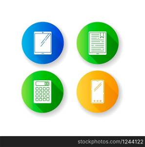 Mobile devices flat design long shadow glyph icons set. Pocket electronic gadgets. Smart technology. Tablet, e-reader, e-book. Smartphone, calculator. Digital tools. Silhouette RGB color illustration