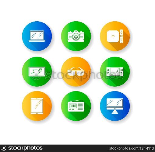 Mobile devices flat design long shadow glyph icons set. Pocket electronic gadgets. Tablet, laptop, computer. Navigator, smartglasses, radio set. Compact digital tool. Silhouette RGB color illustration
