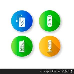 Mobile devices flat design long shadow glyph icons set. Pocket gadgets. Smart technology. Powerbank. Fitness tracker. Cell phone, web camera. Compact digital tools. Silhouette RGB color illustration