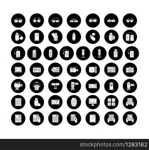 Mobile devices glyph icons set. Electronic gadgets. Smart technology. Smartphone, laptop, computer. E-reader, powerbank. Compact digital tools. Vector white silhouettes illustrations in black circles
