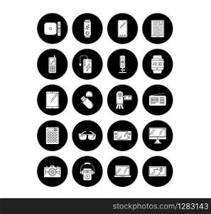 Mobile devices glyph icons set. Handheld small electronic gadgets. Technology. Smartphone, computer. E-readers. Cameras. Pocket digital tools. Vector white silhouettes illustrations in black circles