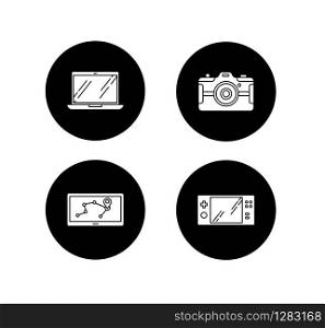Mobile devices glyph icons set. Pocket electronic gadgets. Navigation assistant, game console. Laptop, photo camera. Compact digital tools. Vector white silhouettes illustrations in black circles