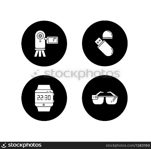 Mobile devices glyph icons set. Pocket electronic gadgets. Smart technology. Flash drive, video camera. Smartwatch, smartglasses. Digital tools. Vector white silhouettes illustrations in black circles