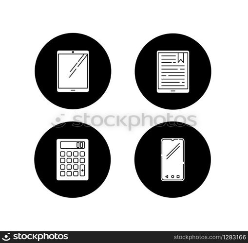 Mobile devices glyph icons set. Pocket electronic gadgets. Smart technology. Tablet, e-reader, e-book. Smartphone, calculator. Digital tools. Vector white silhouettes illustrations in black circles