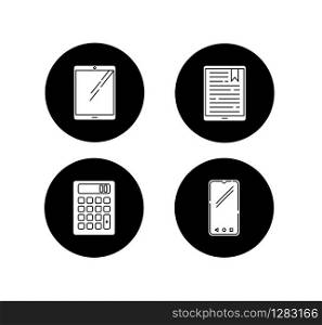 Mobile devices glyph icons set. Pocket electronic gadgets. Smart technology. Tablet, e-reader, e-book. Smartphone, calculator. Digital tools. Vector white silhouettes illustrations in black circles