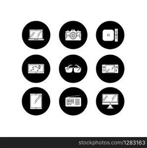 Mobile devices glyph icons set. Pocket gadgets. Smart technology. Tablet, computer. Navigator, smartglasses, radio set. Compact digital tools. Vector white silhouettes illustrations in black circles