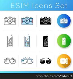 Mobile devices icons set. Handheld electronic gadgets. Smart technology. Camera, cell phone, smart glasses. Compact digital tools. Linear, black and RGB color styles. Isolated vector illustrations