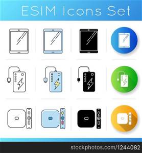 Mobile devices icons set. Handheld electronic gadgets. Smart technology. Tablet, calculator, e-reader. Compact digital tools. Linear, black and RGB color styles. Isolated vector illustrations