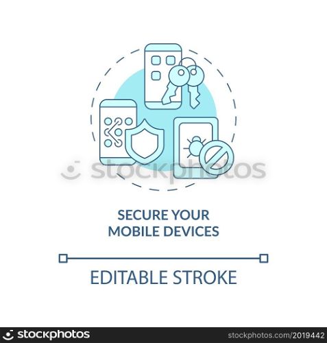 Mobile devices online protection concept icon. Secure mobile internet. Personal data protection online abstract idea thin line illustration. Vector isolated outline color drawing. Editable stroke. Mobile devices online protection concept icon