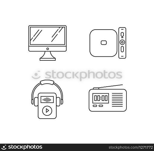 Mobile devices pixel perfect linear icons set. Desktop computer, MP3 music player. Media player. Customizable thin line contour symbols. Isolated vector outline illustrations. Editable stroke