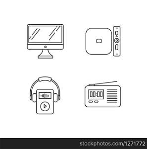 Mobile devices pixel perfect linear icons set. Desktop computer, MP3 music player. Media player. Customizable thin line contour symbols. Isolated vector outline illustrations. Editable stroke