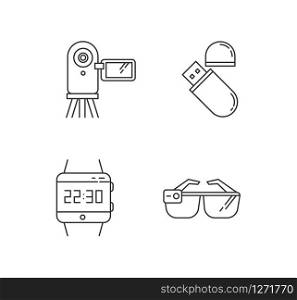 Mobile devices pixel perfect linear icons set. Flash drive, video camera. Smartwatch, smartglasses. Customizable thin line contour symbols. Isolated vector outline illustrations. Editable stroke