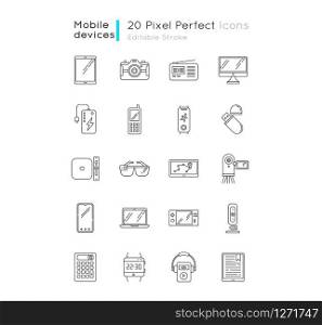 Mobile devices pixel perfect linear icons set. Laptop, computer. E-readers. Pocket digital tools. Customizable thin line contour symbols. Isolated vector outline illustrations. Editable stroke