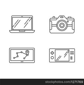 Mobile devices pixel perfect linear icons set. Navigation assistant, game console. Laptop, photo camera. Customizable thin line contour symbols. Isolated vector outline illustrations. Editable stroke