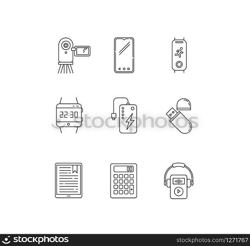 Mobile devices pixel perfect linear icons set. Powerbank, smartphone, video camera. Flash drive. Customizable thin line contour symbols. Isolated vector outline illustrations. Editable stroke