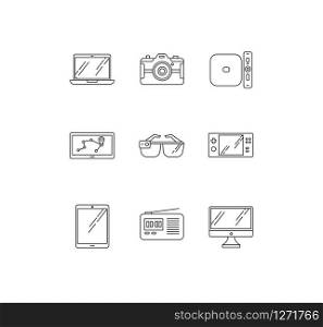 Mobile devices pixel perfect linear icons set. Tablet, laptop, computer. Navigator, smartglasses. Customizable thin line contour symbols. Isolated vector outline illustrations. Editable stroke