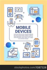 Mobile devices poster template layout. Smartphone and tablet. Mobile app development. Banner, booklet, leaflet print design, linear icons. Vector brochure page layout for magazines, advertising flyers