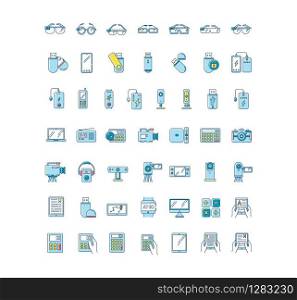 Mobile devices RGB color icons set. Handheld electronic gadgets. Smart technology. Smartphone, laptop, computer. E-reader, camera, powerbank. Compact digital tools. Isolated vector illustrations
