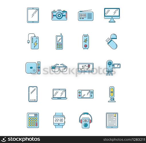 Mobile devices RGB color icons set. Handheld small electronic gadgets. Smart technology. Smartphone, laptop, computer. E-readers. Cameras. Pocket digital tools. Isolated vector illustrations